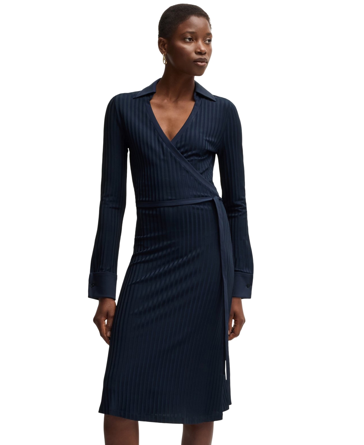 Boss by Hugo Boss Women’s Lustrous Ribbed Wrap Dress – Dark Blue