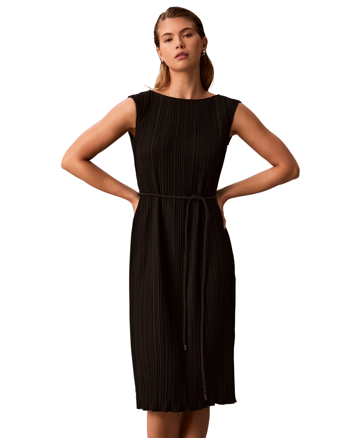 Calvin Klein Women’s Belted Pleated Boat Neck Midi Dress – Black Calvin Klein Women’s Belted Pleated Boat Neck Midi Dress – Black