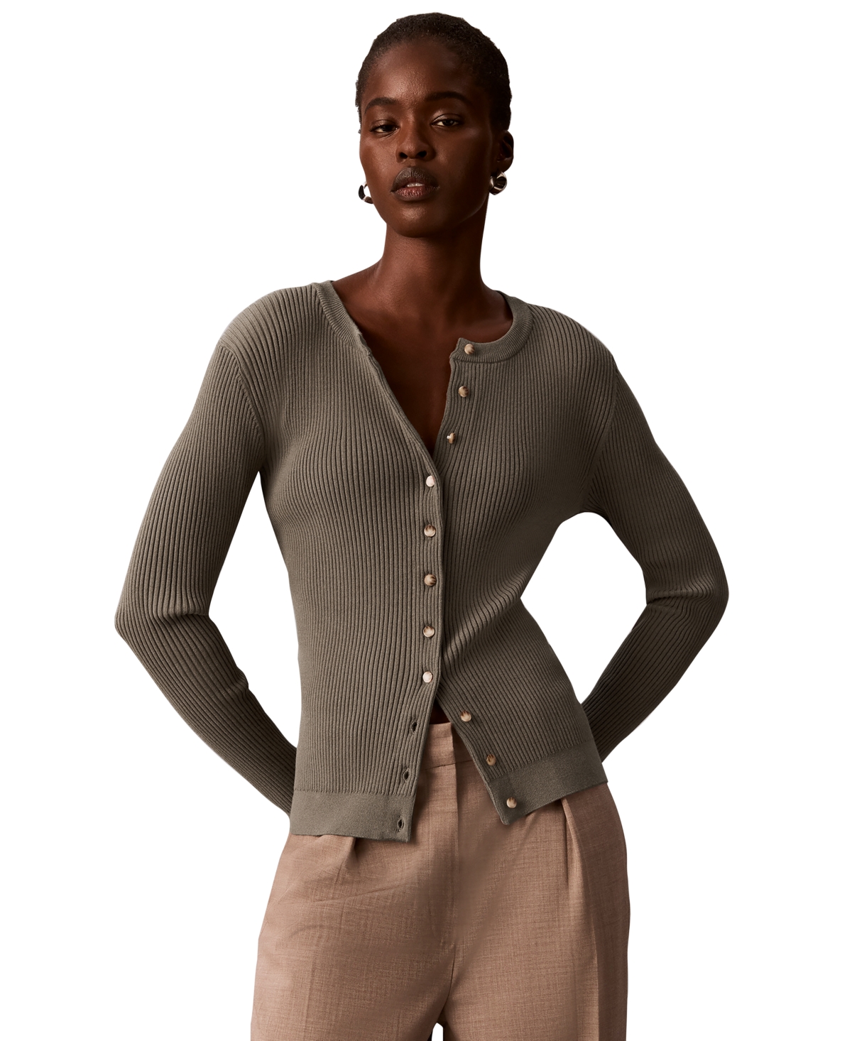 Calvin Klein Women’s Button-Front Ribbed Cardigan – Iron Calvin Klein Women’s Button-Front Ribbed Cardigan – Iron