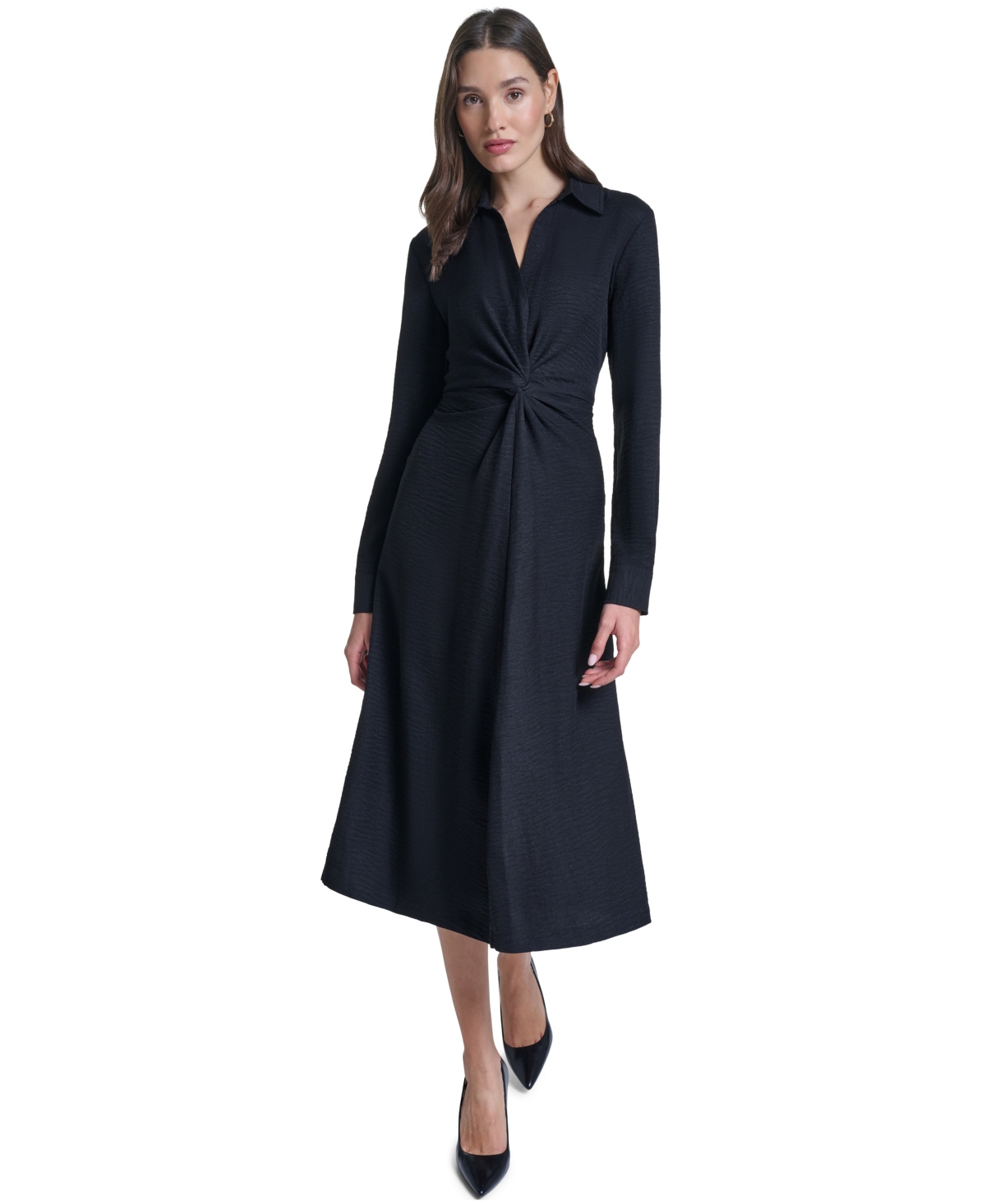 Calvin Klein Women’s Collared V-Neck Front-Twist Midi Dress – Black Calvin Klein Women’s Collared V-Neck Front-Twist Midi Dress – Black