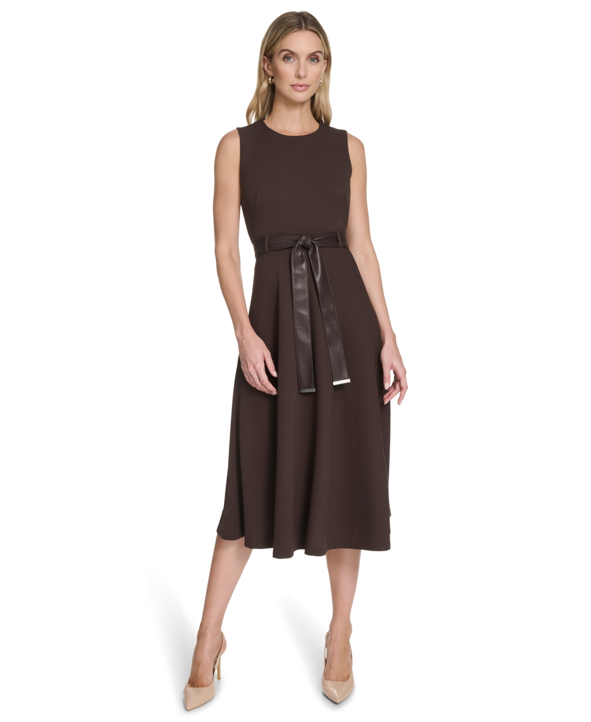 Calvin Klein Women’s Crewneck Belt Waistband Dress – Coffee bean Calvin Klein Women’s Crewneck Belt Waistband Dress – Coffee bean