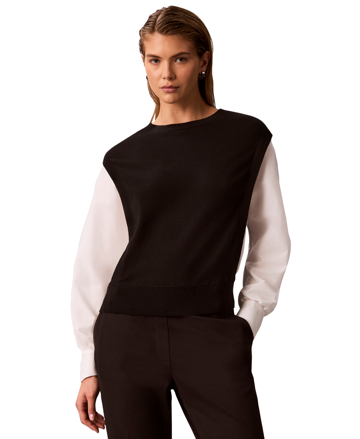 Calvin Klein Women’s Crewneck Long-Sleeve Sweater – Black / Photo White Calvin Klein Women’s Crewneck Long-Sleeve Sweater – Black / Photo White