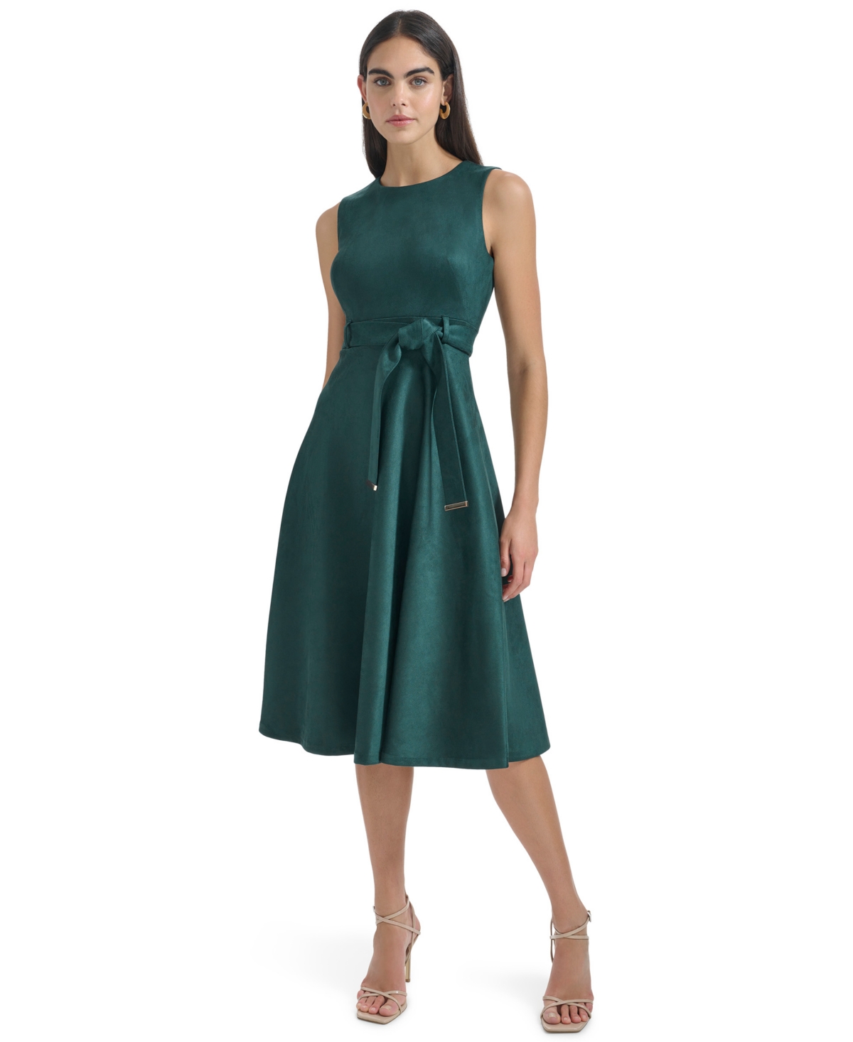 Calvin Klein Women’s Crewneck Sleeveless A-Line Suede Dress – Malachite