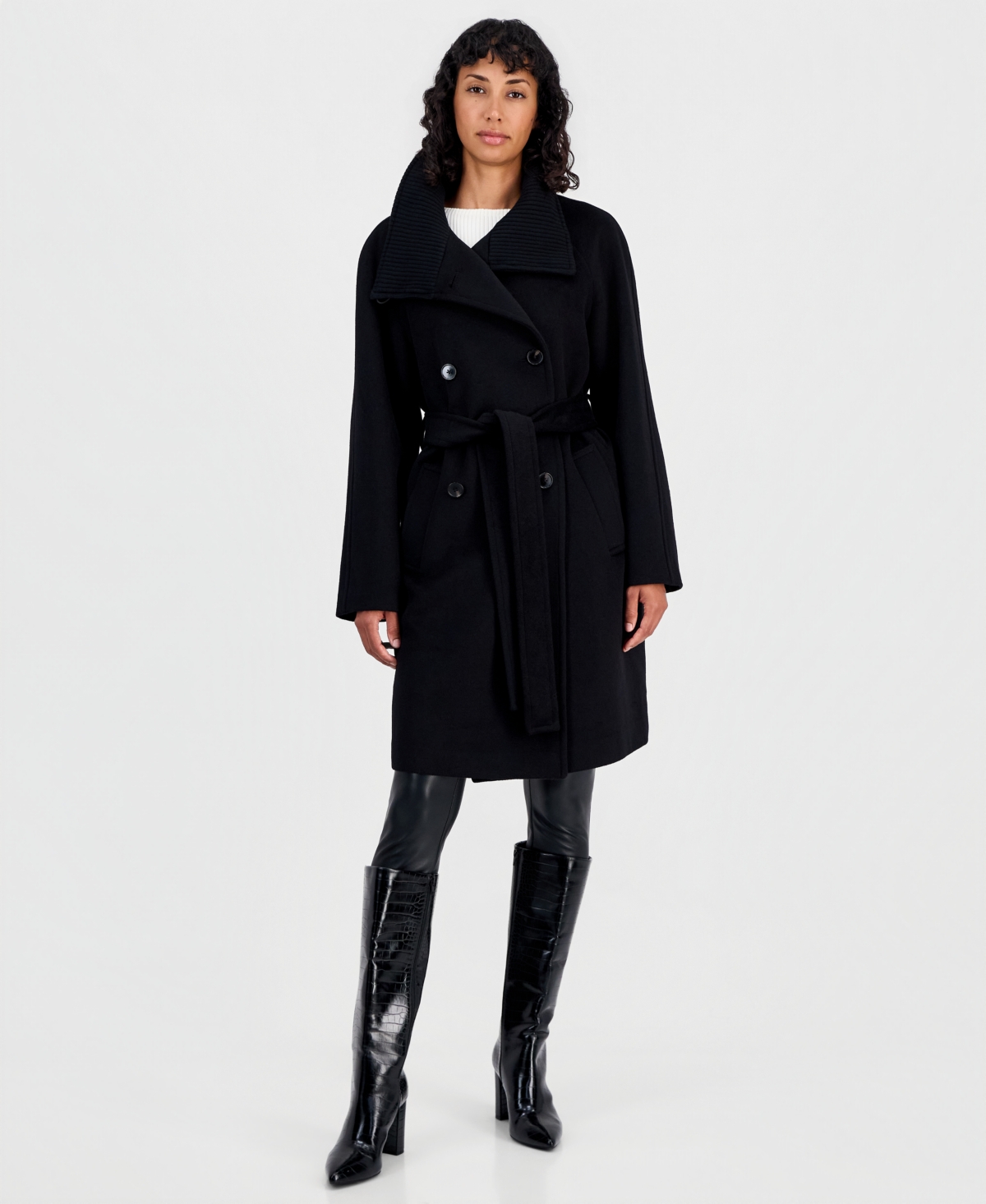 Calvin Klein Women’s Double-Breasted Wrap Knit-Collared Coat – Black