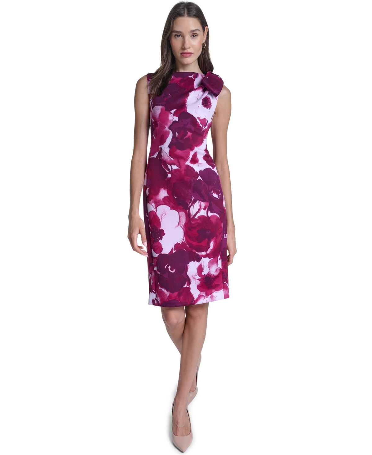 Calvin Klein Women’s Floral Boat Neck Shoulder-Bow Dress – Aubergine Multi Calvin Klein Women’s Floral Boat Neck Shoulder-Bow Dress – Aubergine Multi