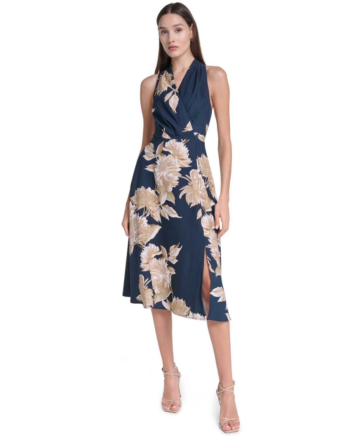 Calvin Klein Women’s Floral Halter Neck A-Line Dress – Indigo multi