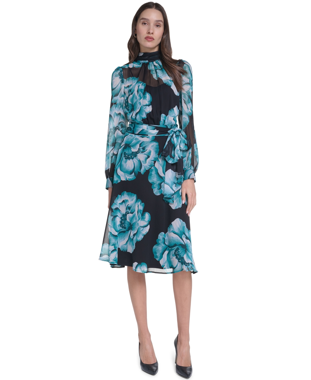 Calvin Klein Women’s Long-Sleeve Floral Chiffon Mock Neck Midi Dress – Black Calvin Klein Women’s Long-Sleeve Floral Chiffon Mock Neck Midi Dress – Black