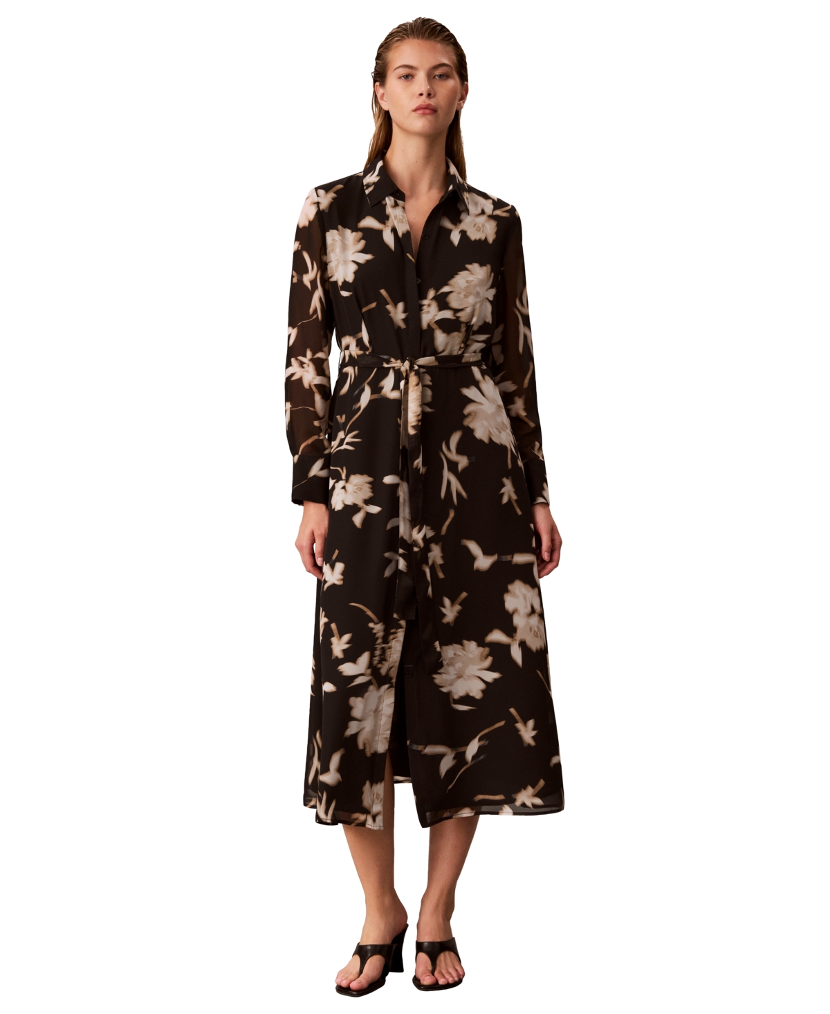 Calvin Klein Women’s Long-Sleeve Floral-Print Midi Dress – Black Multi