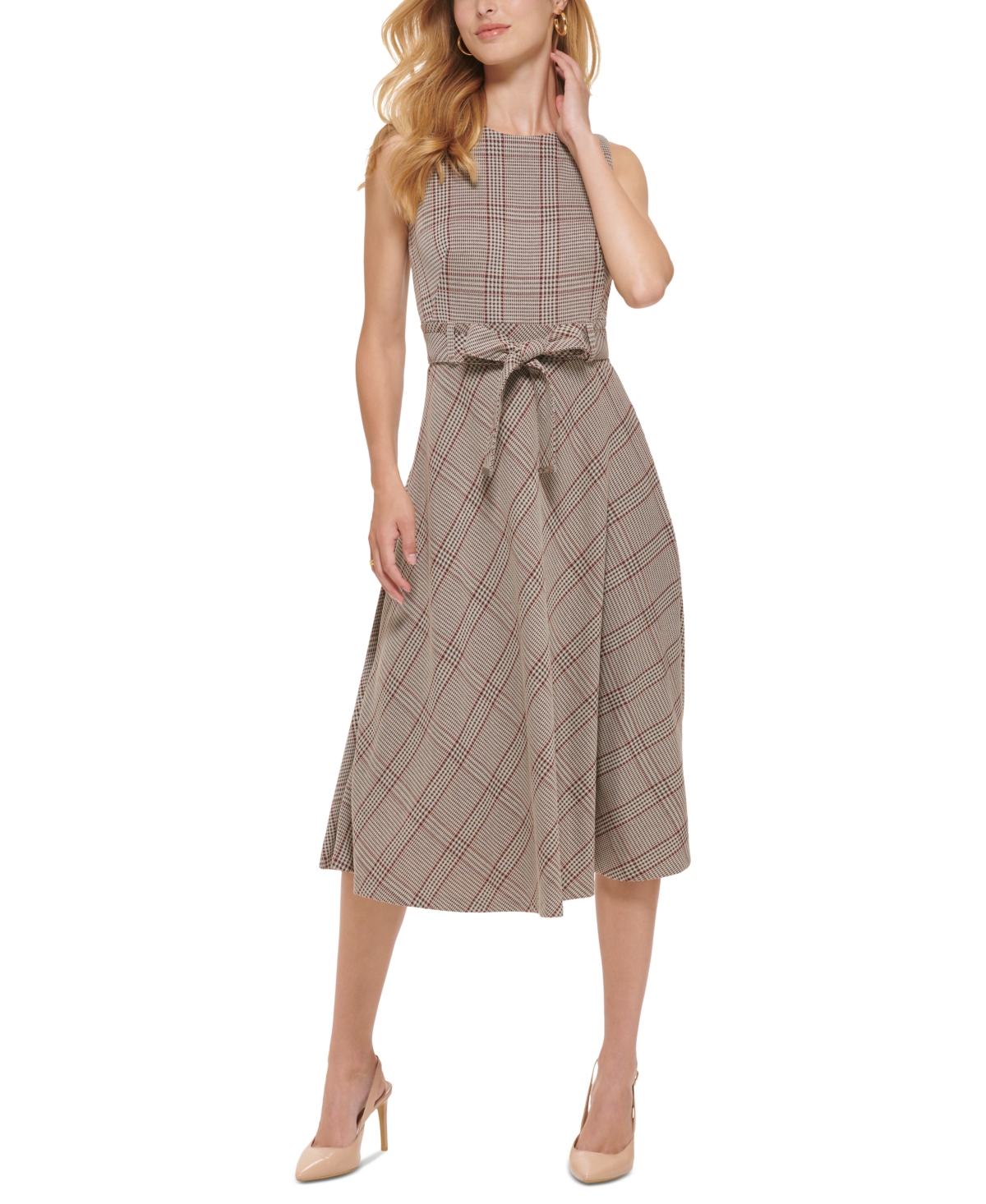Calvin Klein Women’s Menswear Plaid Belted Midi Dress – Khaki/Red Multi