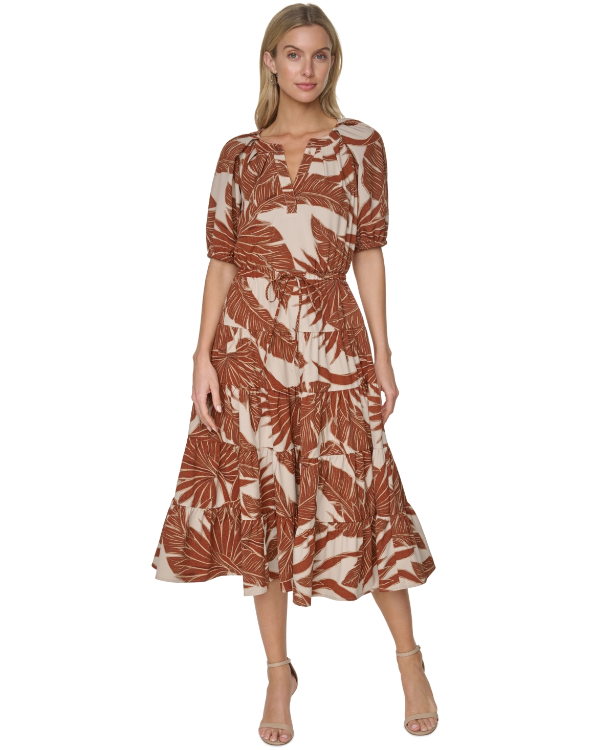 Calvin Klein Women’s Puff-Sleeve Floral Tiered Midi Dress – Latte multi Calvin Klein Women’s Puff-Sleeve Floral Tiered Midi Dress – Latte multi