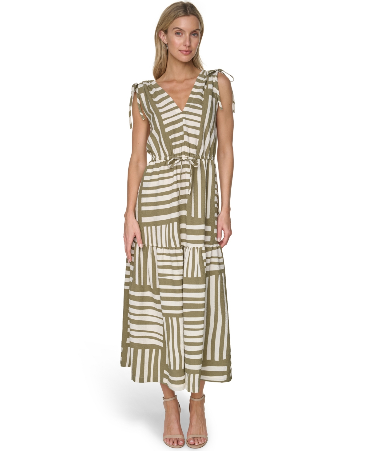 Calvin Klein Women’s Sleeveless V-Neck Printed Tiered Maxi Dress – Light olive/cream Calvin Klein Women’s Sleeveless V-Neck Printed Tiered Maxi Dress – Light olive/cream