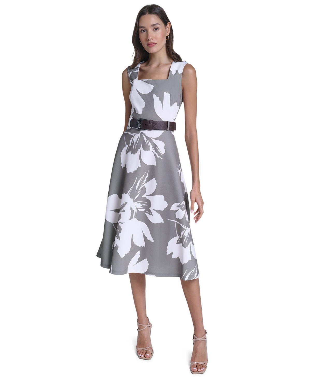 Calvin Klein Women’s Square Neck Self-Belt Midi Dress – Light Olive/Cream Calvin Klein Women’s Square Neck Self-Belt Midi Dress – Light Olive/Cream