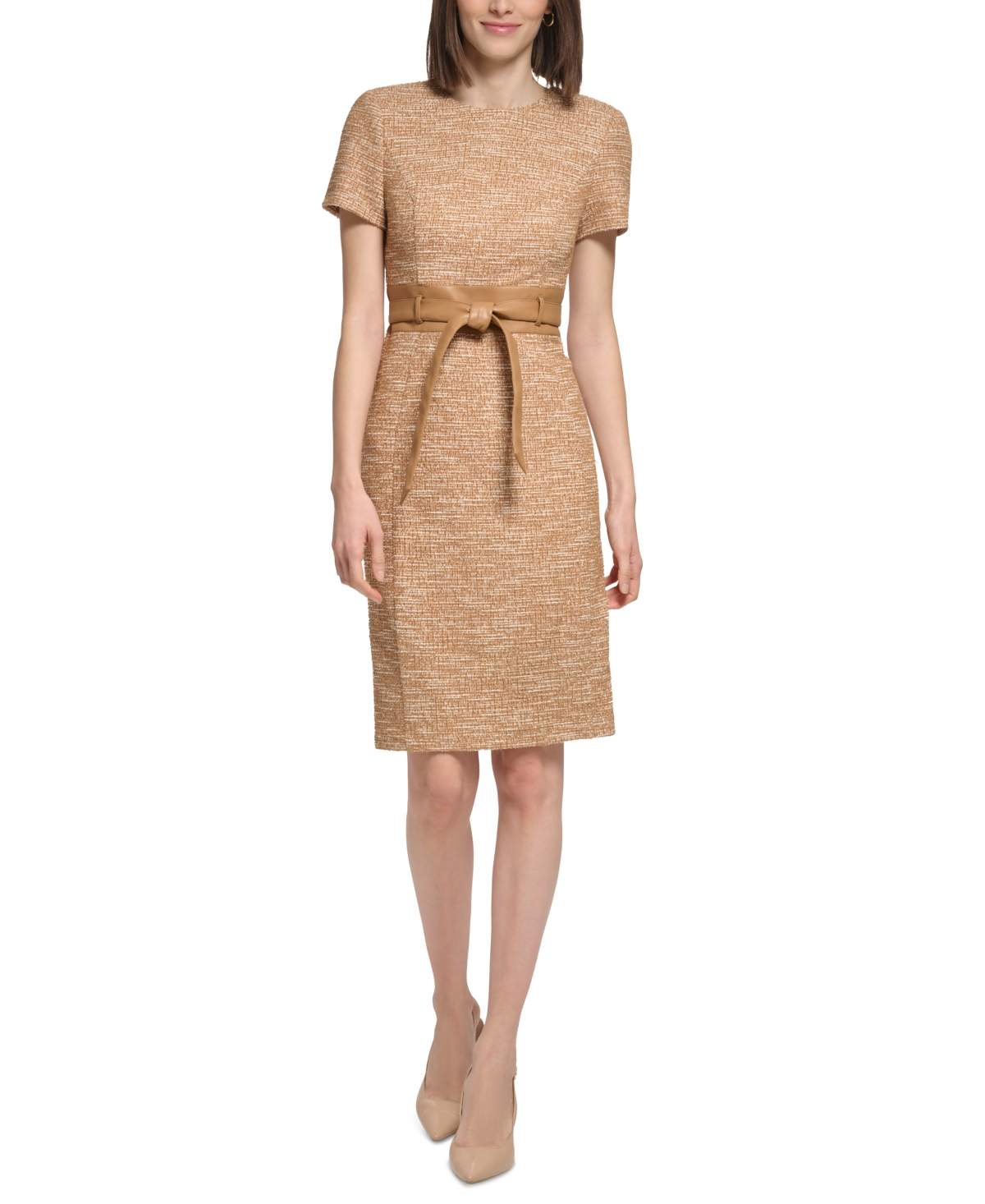 Calvin Klein Women’s Tweed Belted Sheath Dress – Luggage Cream Calvin Klein Women’s Tweed Belted Sheath Dress – Luggage Cream