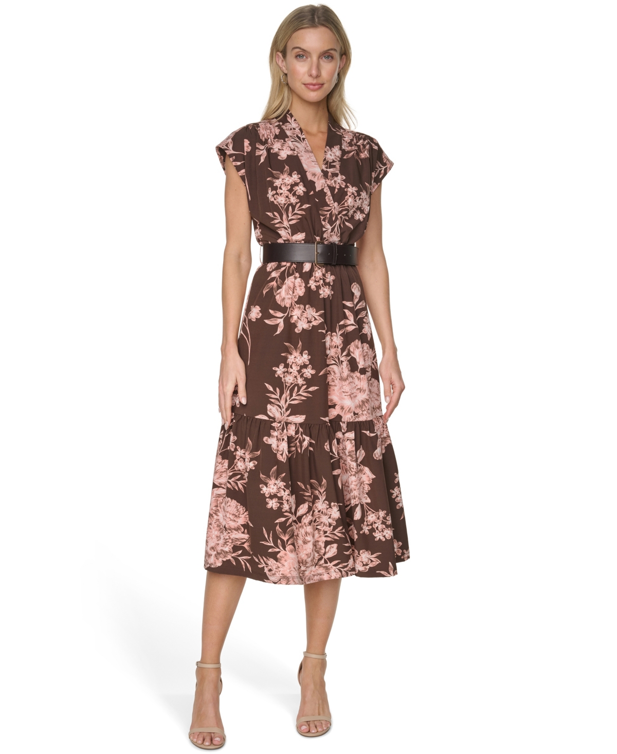 Calvin Klein Women’s V-Neck Belted Midi Dress – COFFEE BEAN/DESERT ROSE MULTI Calvin Klein Women’s V-Neck Belted Midi Dress – COFFEE BEAN/DESERT ROSE MULTI