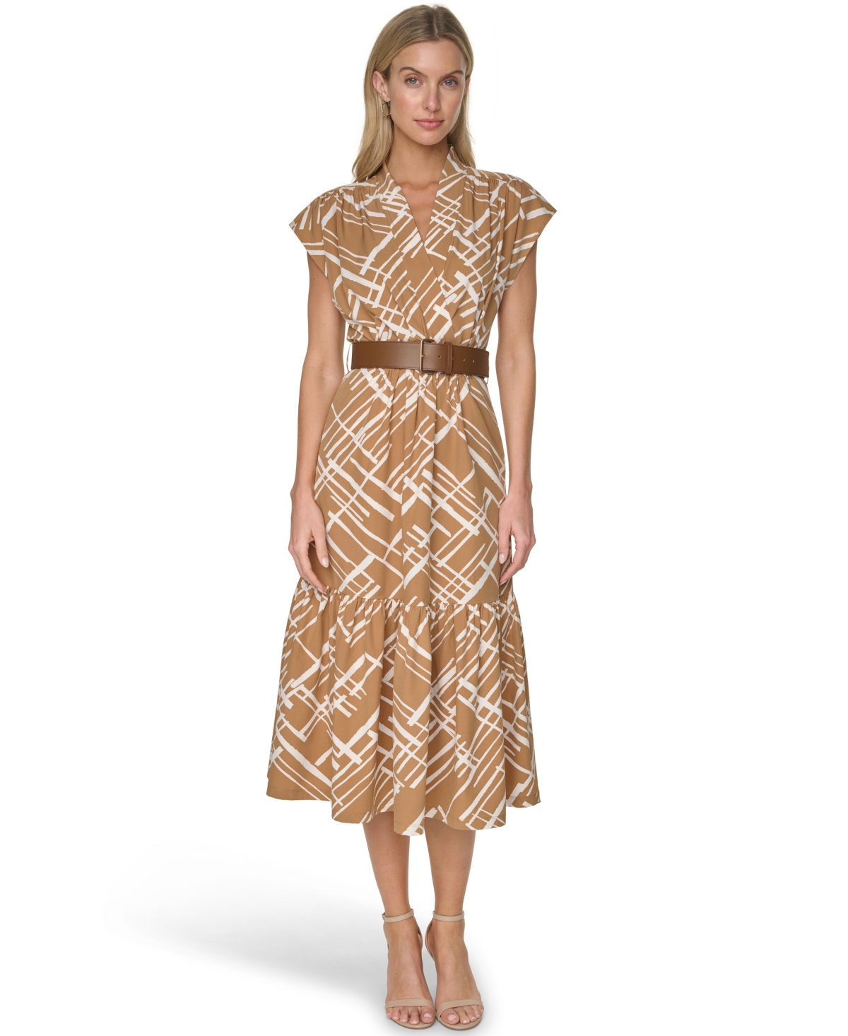 Calvin Klein Women’s V-Neck Belted Midi Dress – LUGGAGE/EGG WHITE Calvin Klein Women’s V-Neck Belted Midi Dress – LUGGAGE/EGG WHITE