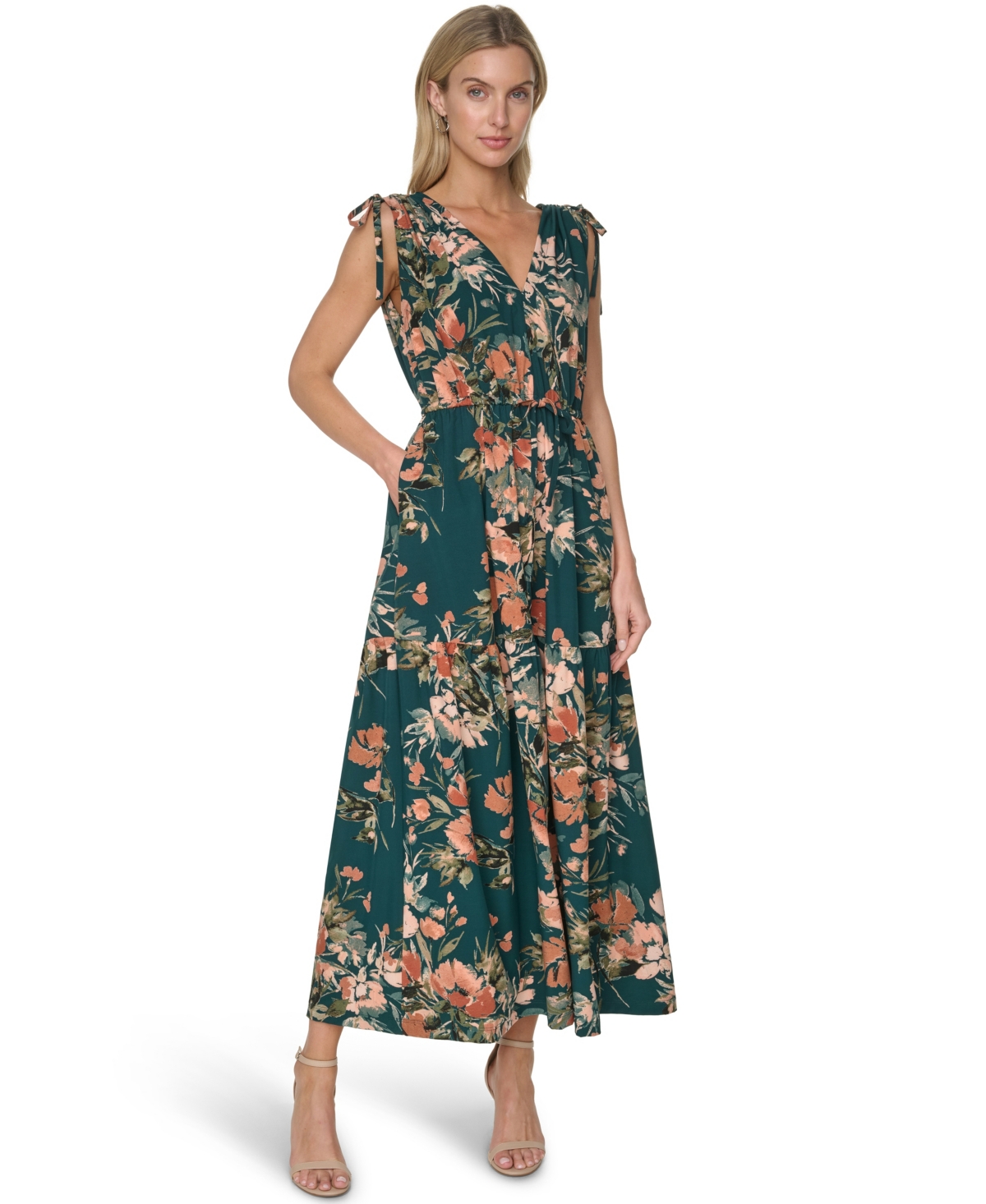 Calvin Klein Women’s V-Neck Drawstring Waist Midi Dress – MALACHITE MULTI Calvin Klein Women’s V-Neck Drawstring Waist Midi Dress – MALACHITE MULTI