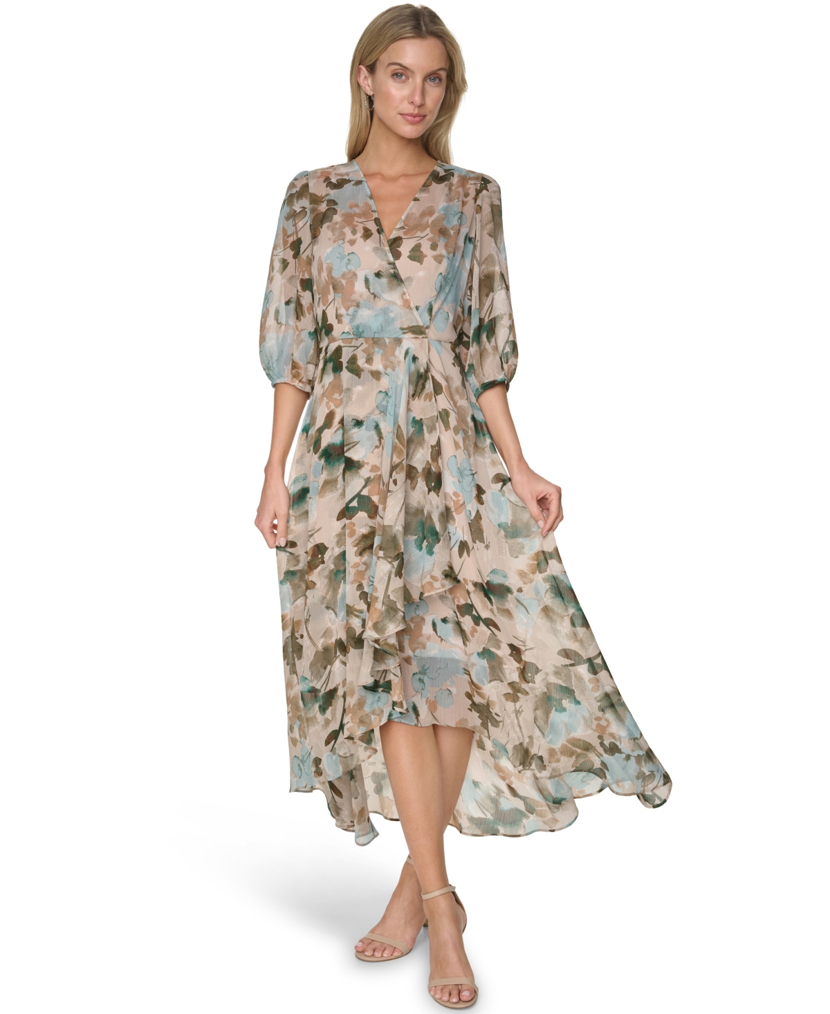 Calvin Klein Women’s V-Neck High-Low Dress – LATTE MULTI