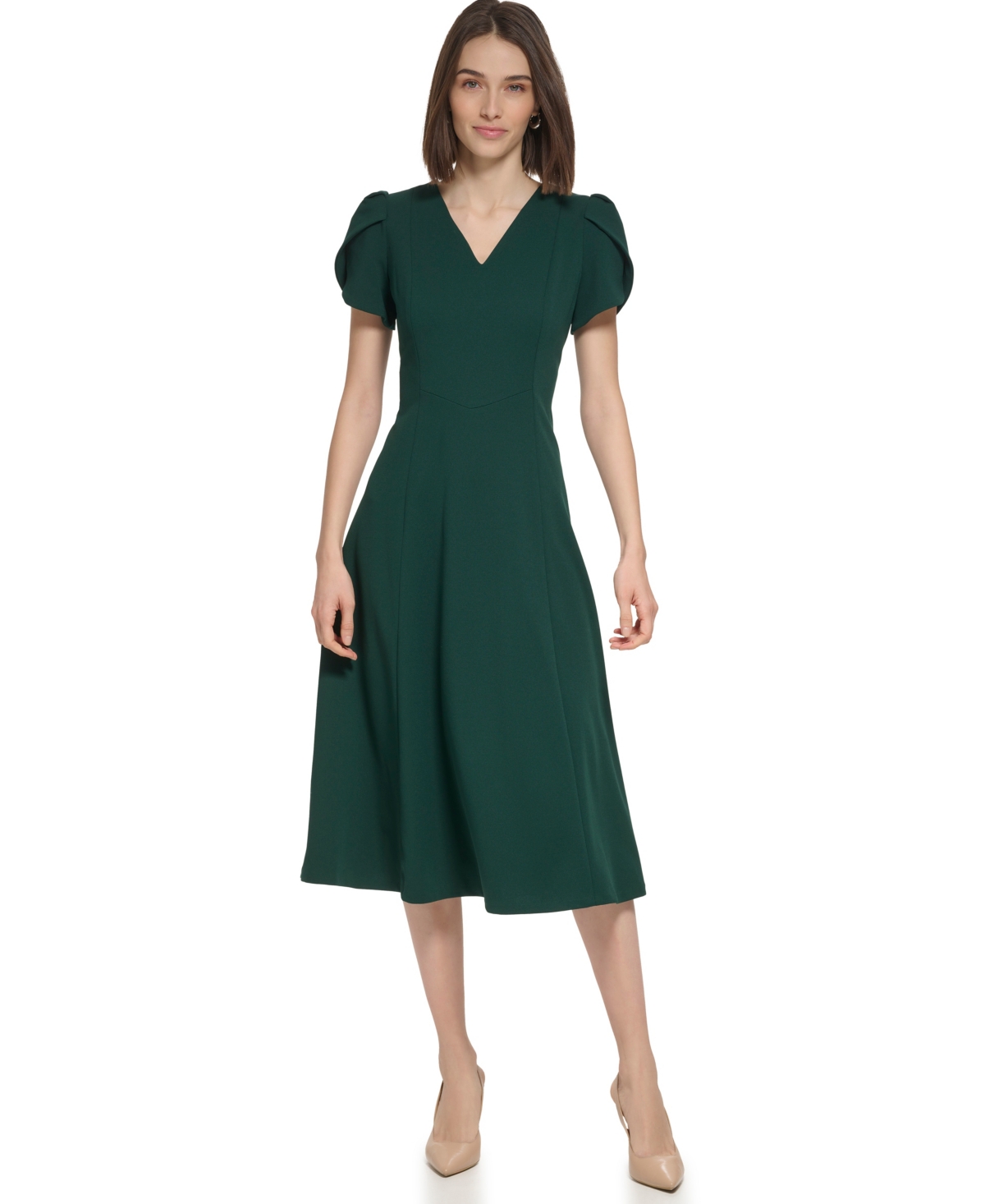 Calvin Klein Women’s V-neck Tulip-sleeve Dress – Malachite
