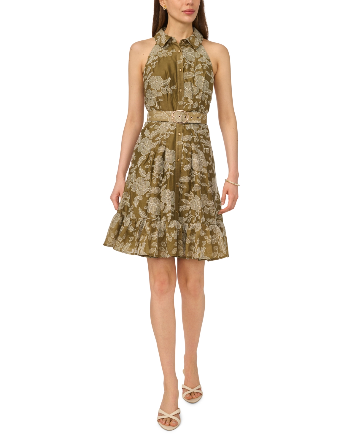 CeCe Women’s Belted Sleeveless Collared Dress – Olive