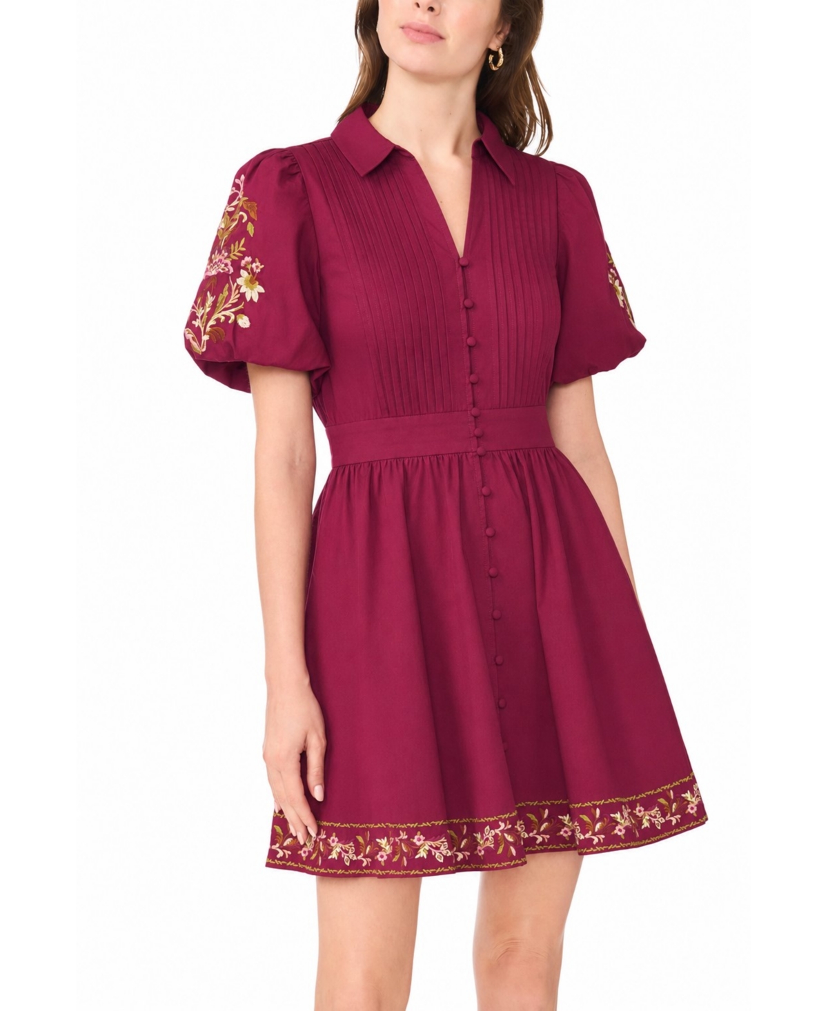 CeCe Women’s Embroidered-Pintuck Puff-Sleeve Mini Dress – Deep Mulberry CeCe Women’s Embroidered-Pintuck Puff-Sleeve Mini Dress – Deep Mulberry