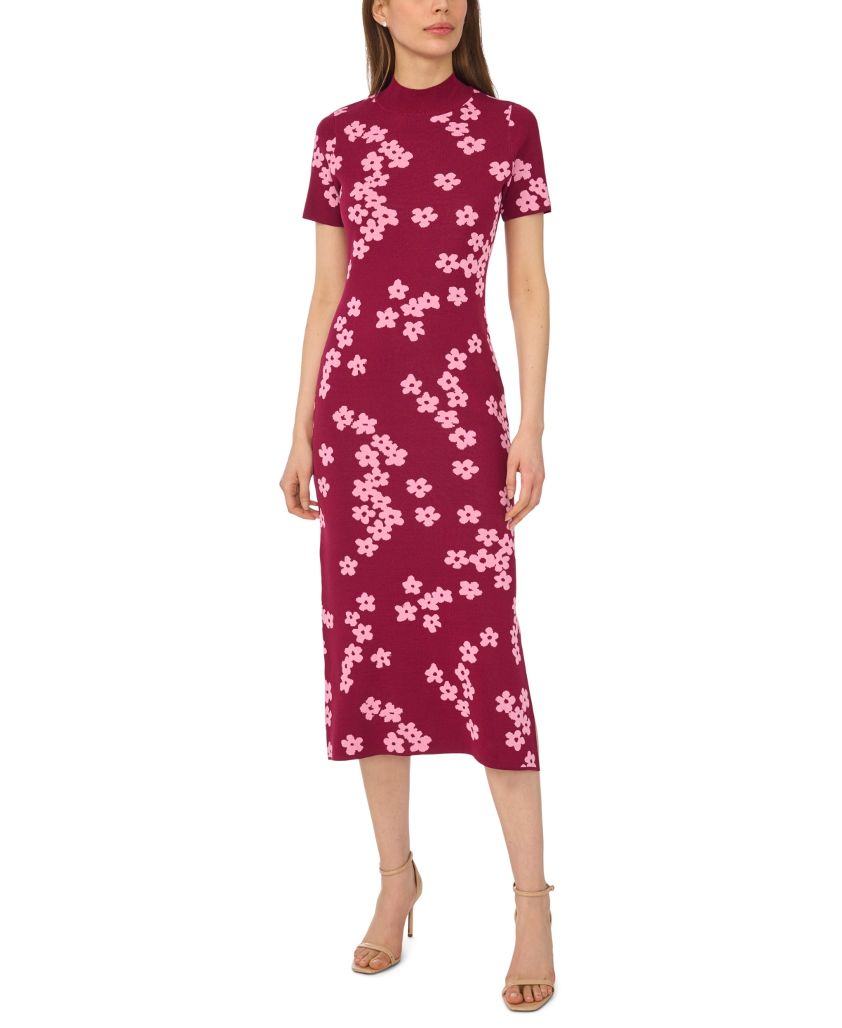 CeCe Women’s Flower Jacquard Maxi Knit Dress – Burgundy Wine