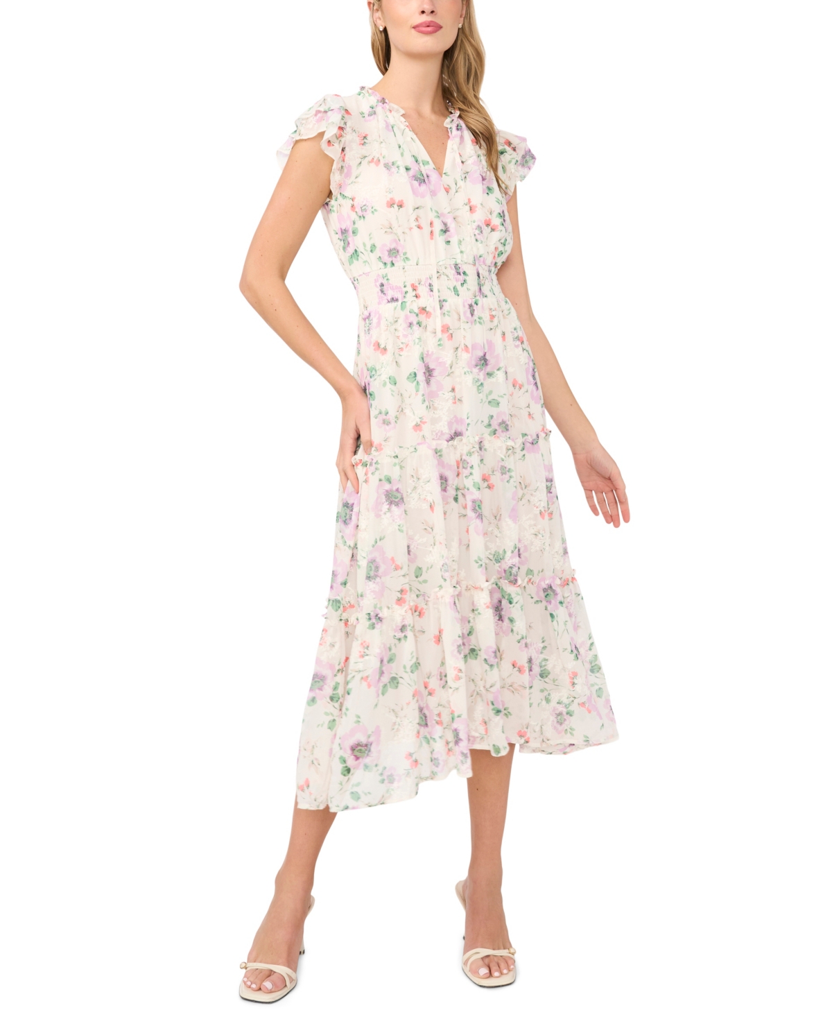 CeCe Women’s Flutter-Sleeve Smocked Waist Split-Tie Neck Tiered Maxi Dress – New Ivory CeCe Women’s Flutter-Sleeve Smocked Waist Split-Tie Neck Tiered Maxi Dress – New Ivory