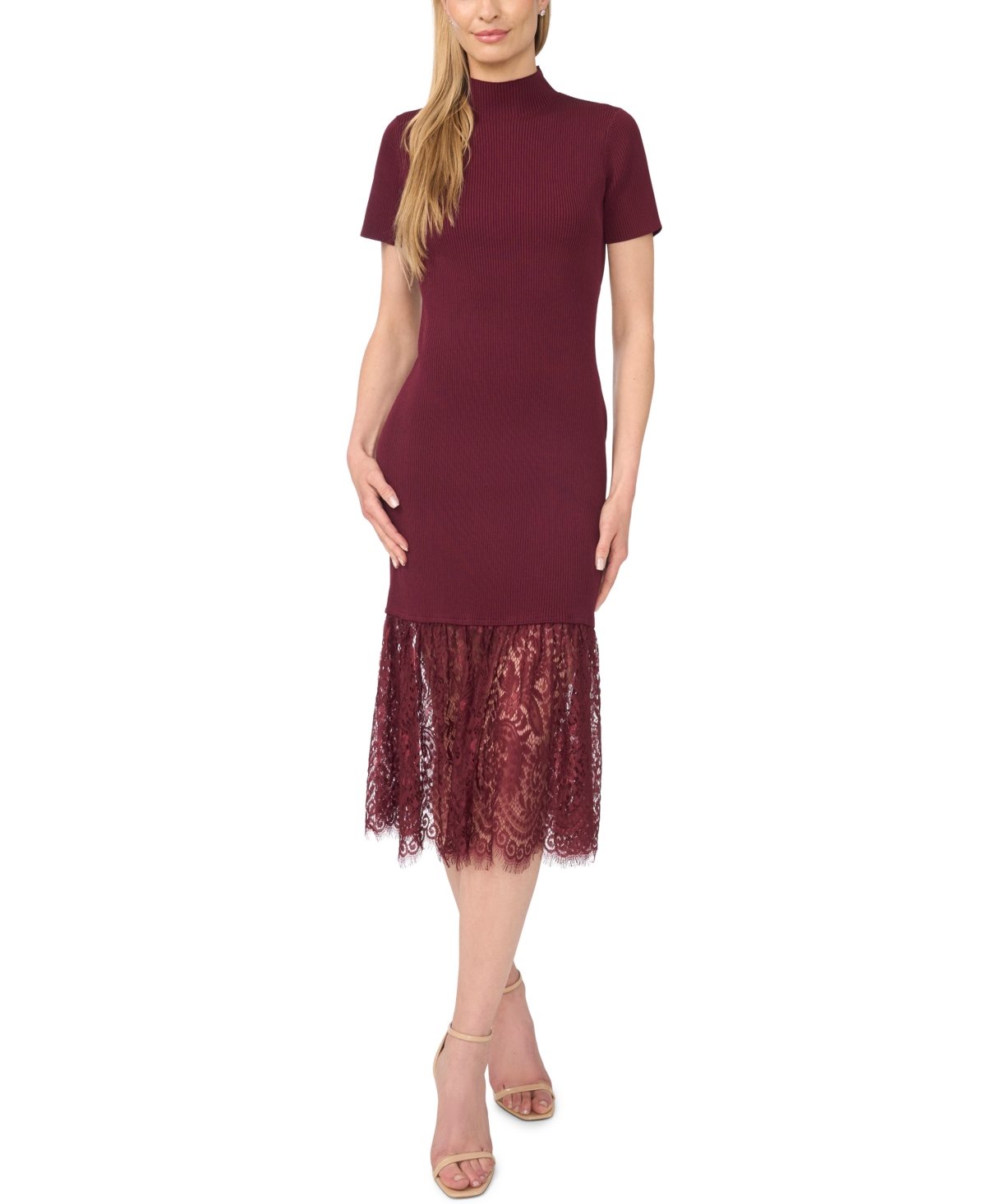 CeCe Women’s High-Neck Lace Midi Sweater Dress – Crisp Merlot CeCe Women’s High-Neck Lace Midi Sweater Dress – Crisp Merlot