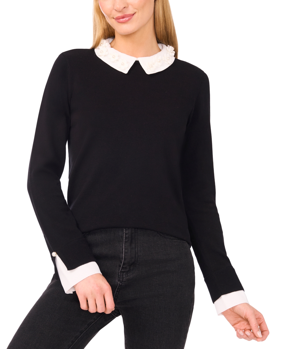 CeCe Women’s Long Sleeve Woven Collar Neck Pullover Sweater – Rich Black CeCe Women’s Long Sleeve Woven Collar Neck Pullover Sweater – Rich Black