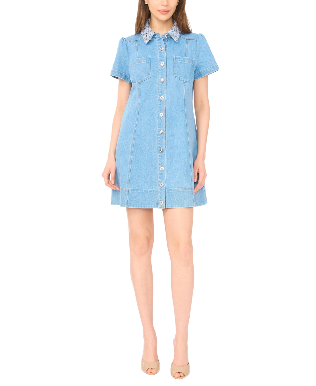 CeCe Women’s Tweed Detail Collared Neck Mini Dress – Light Blue Wash CeCe Women’s Tweed Detail Collared Neck Mini Dress – Light Blue Wash