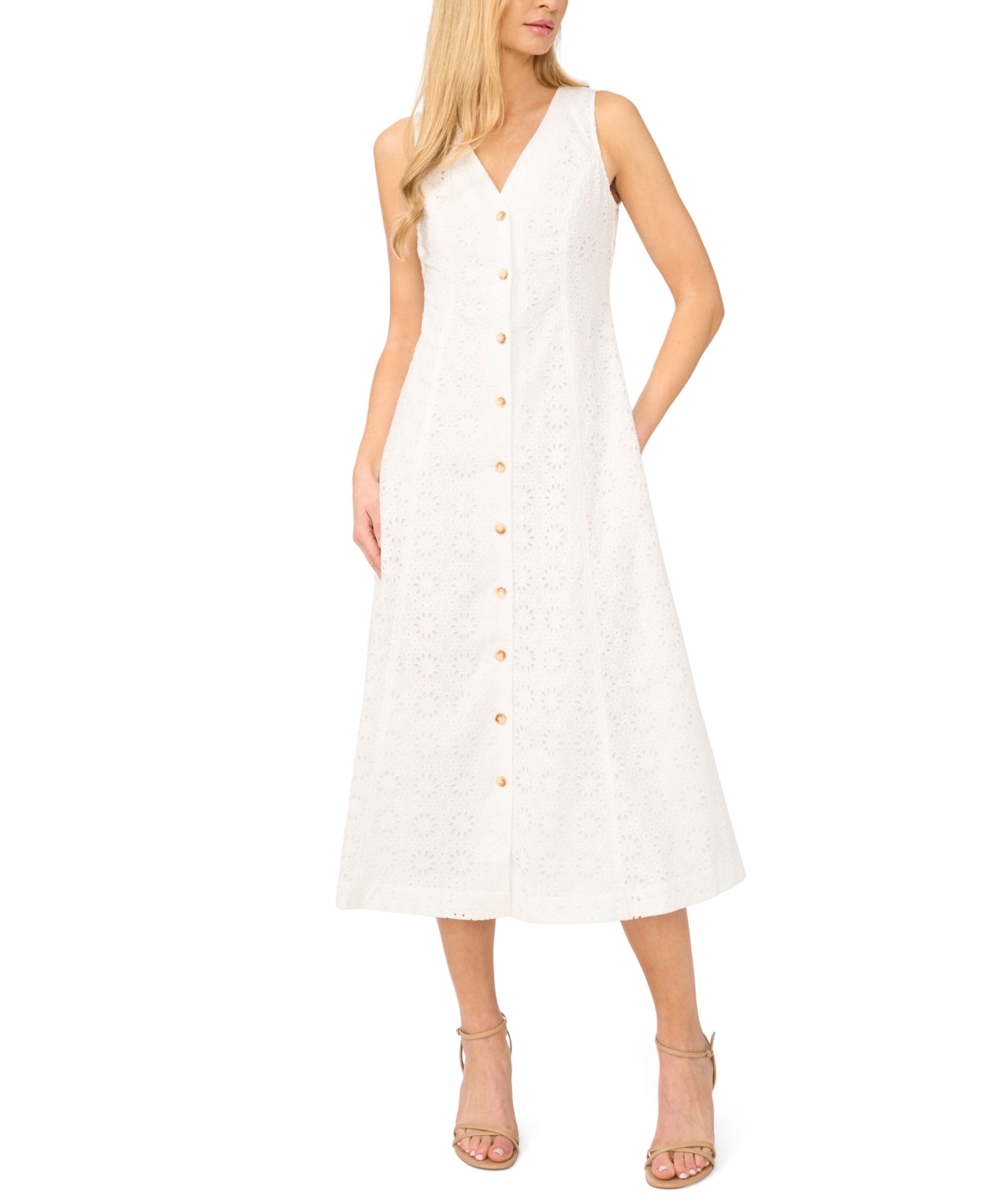 CeCe Women’s V-Neck Sleeveless Button-Down Cotton Midi Dress – Ultra White CeCe Women’s V-Neck Sleeveless Button-Down Cotton Midi Dress – Ultra White