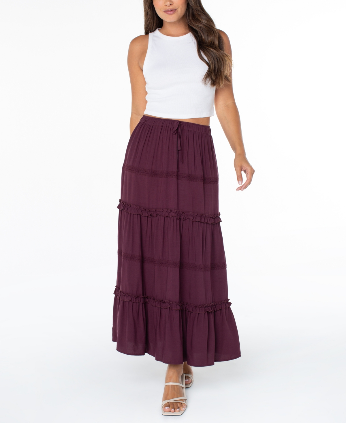 Celebrity Pink Juniors’ Tiered Pull-On Maxi Skirt – Malbec