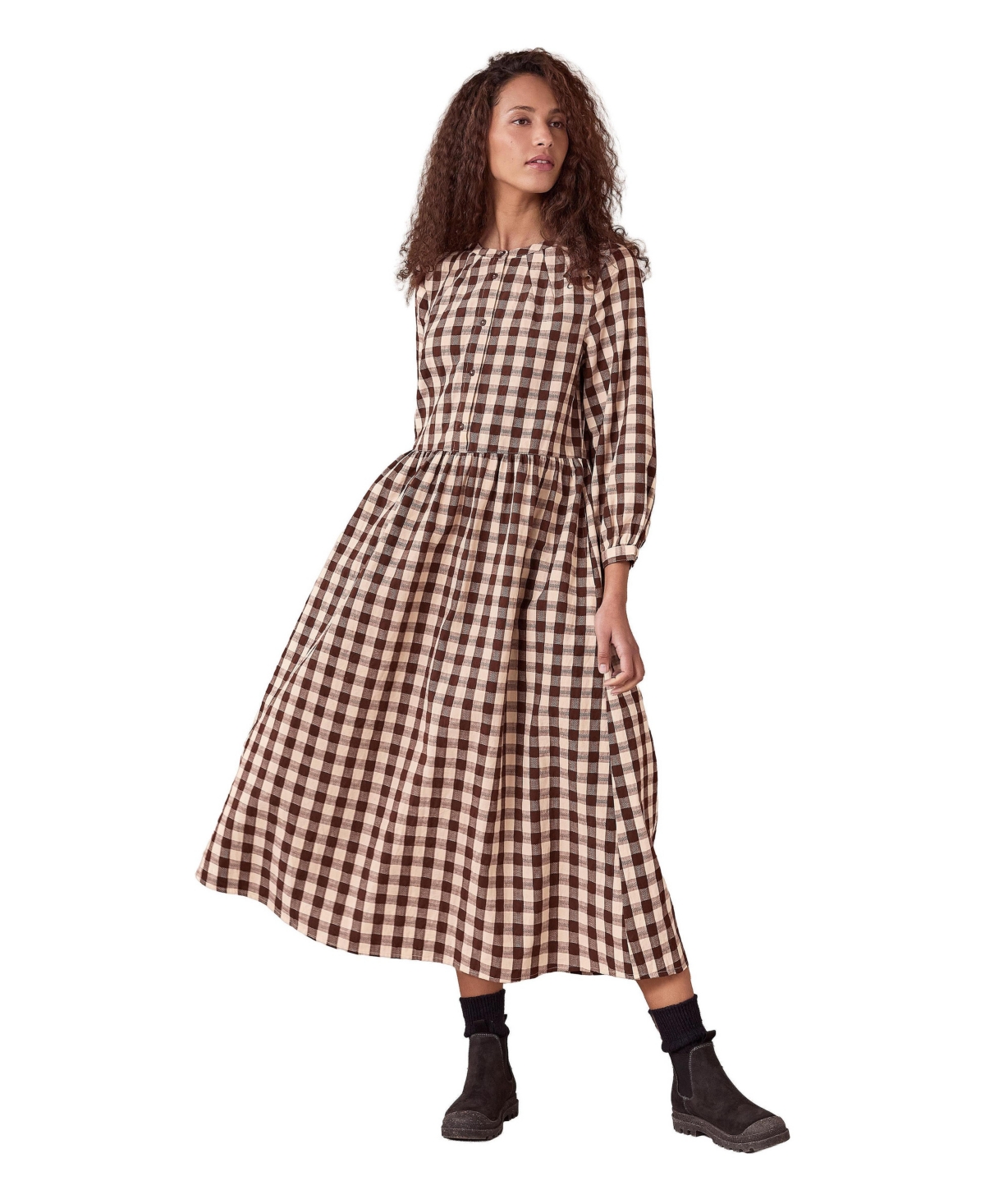 Celtic & Co. Women’s Collarless Gingham Midi Dress – Chocolate gingham Celtic & Co. Women’s Collarless Gingham Midi Dress – Chocolate gingham