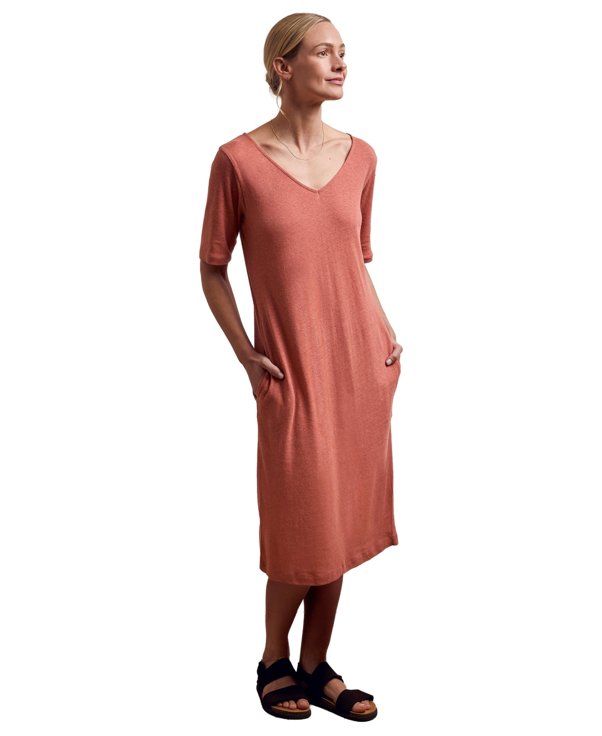 Celtic & Co. Women’s Linen Blend V-Neck Midi Dress – Redwood