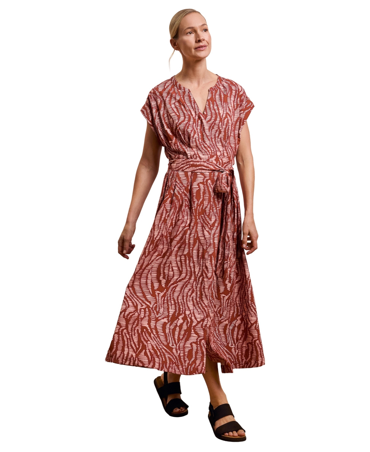 Celtic & Co. Women’s Tie Waist Relaxed V-Neck Midi Dress – Brown