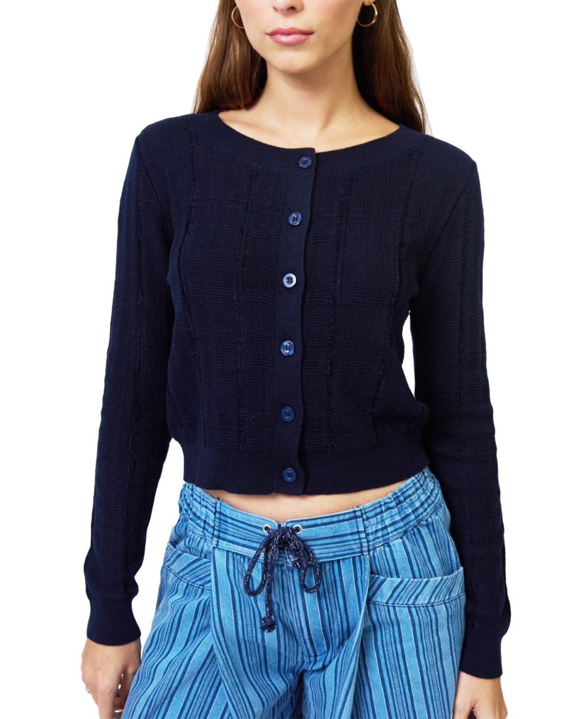 Central Park West Women’s Clover Novelty Stitch Cardigan – Navy blue Central Park West Women’s Clover Novelty Stitch Cardigan – Navy blue
