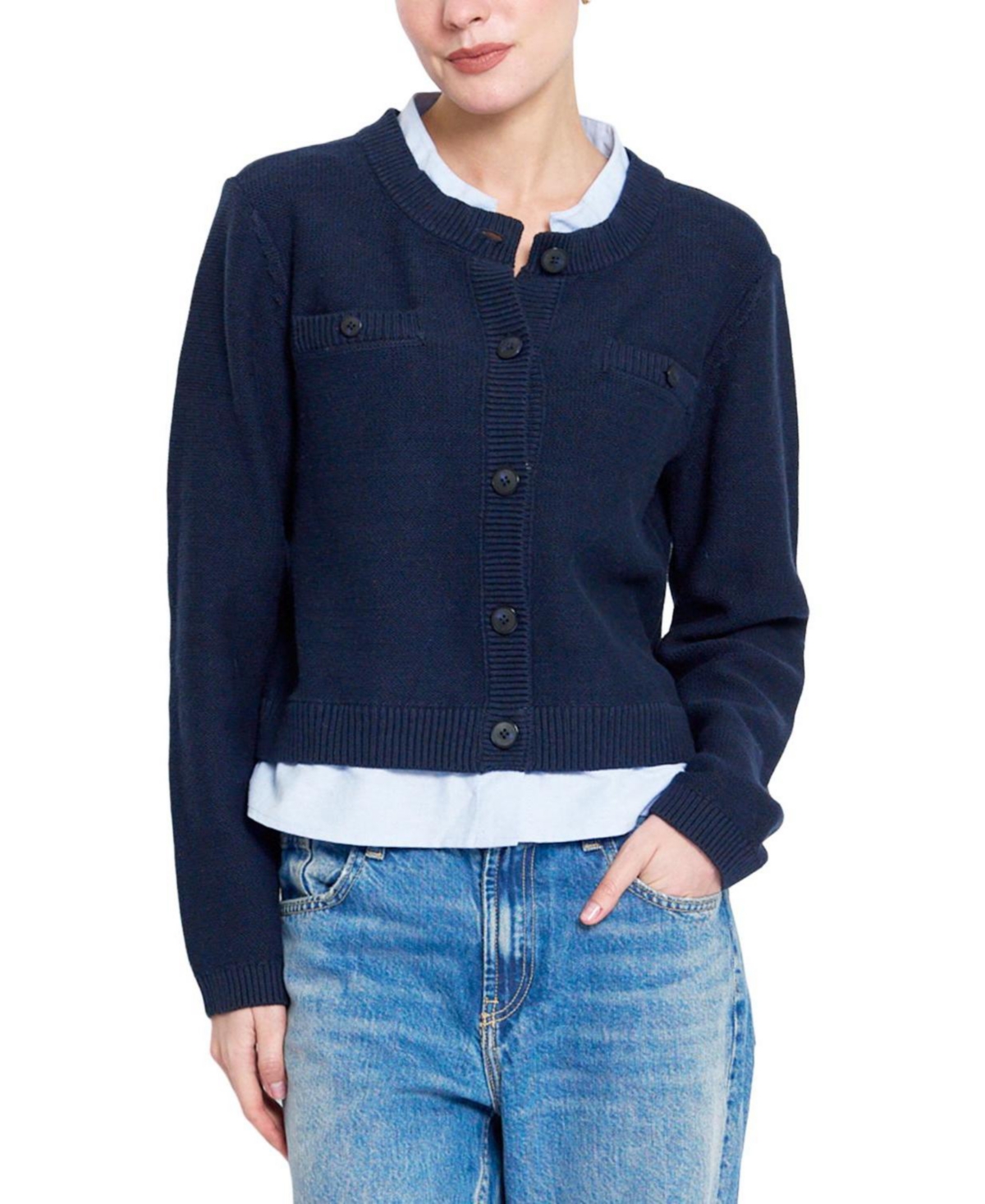Central Park West Women’s Coen Towfer Cotton-Blend Cropped Cardigan – Navy blue