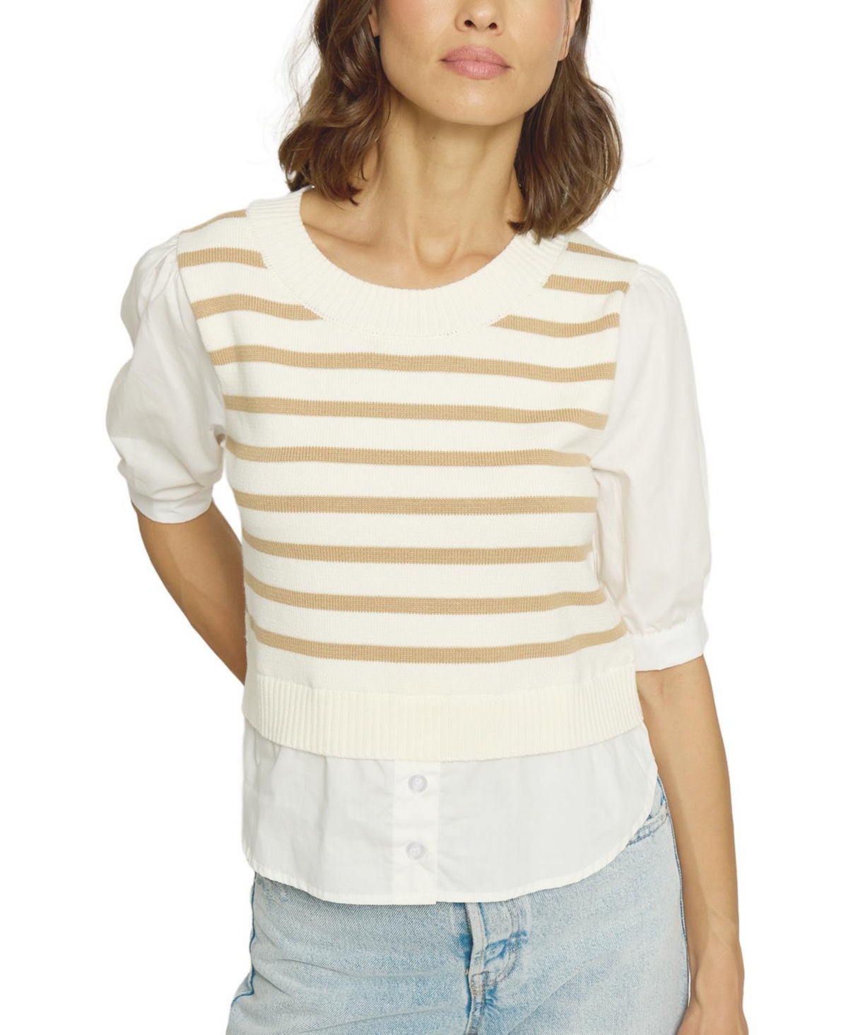 Central Park West Women’s Crewneck Twofer Top – Camel stripe Central Park West Women’s Crewneck Twofer Top – Camel stripe