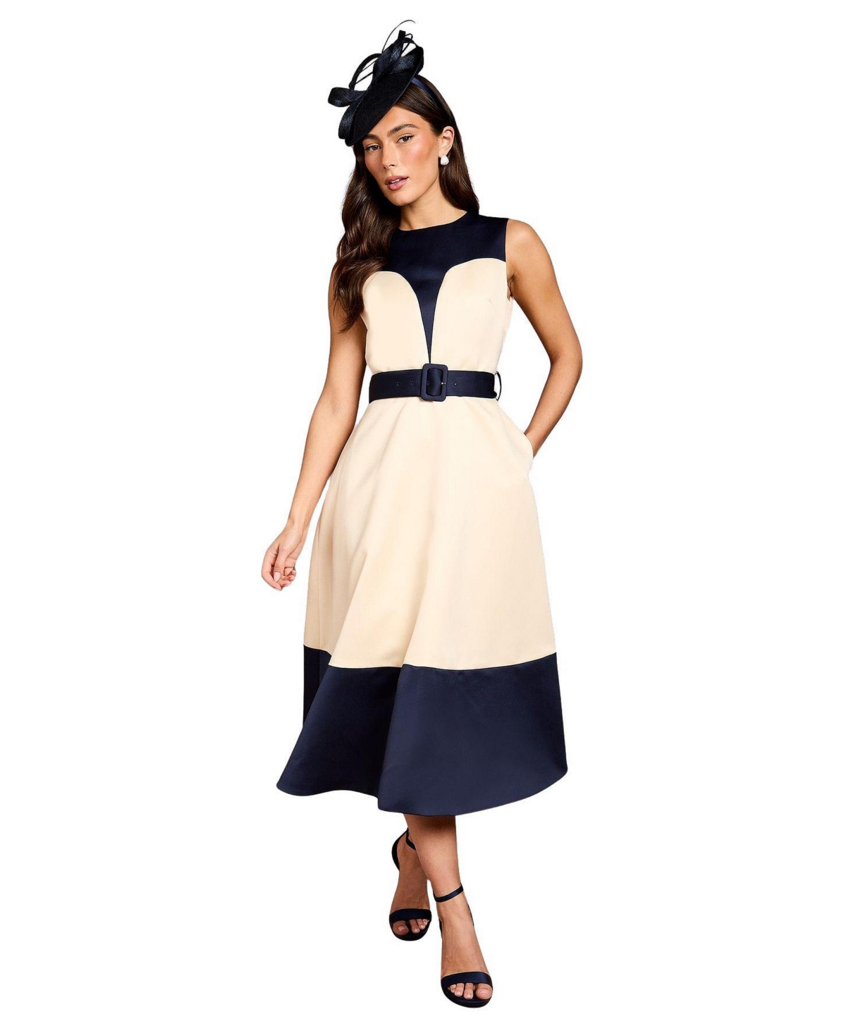 Coast Women’s Colour Block Crepe Belted Midi Dress – Mono Coast Women’s Colour Block Crepe Belted Midi Dress – Mono