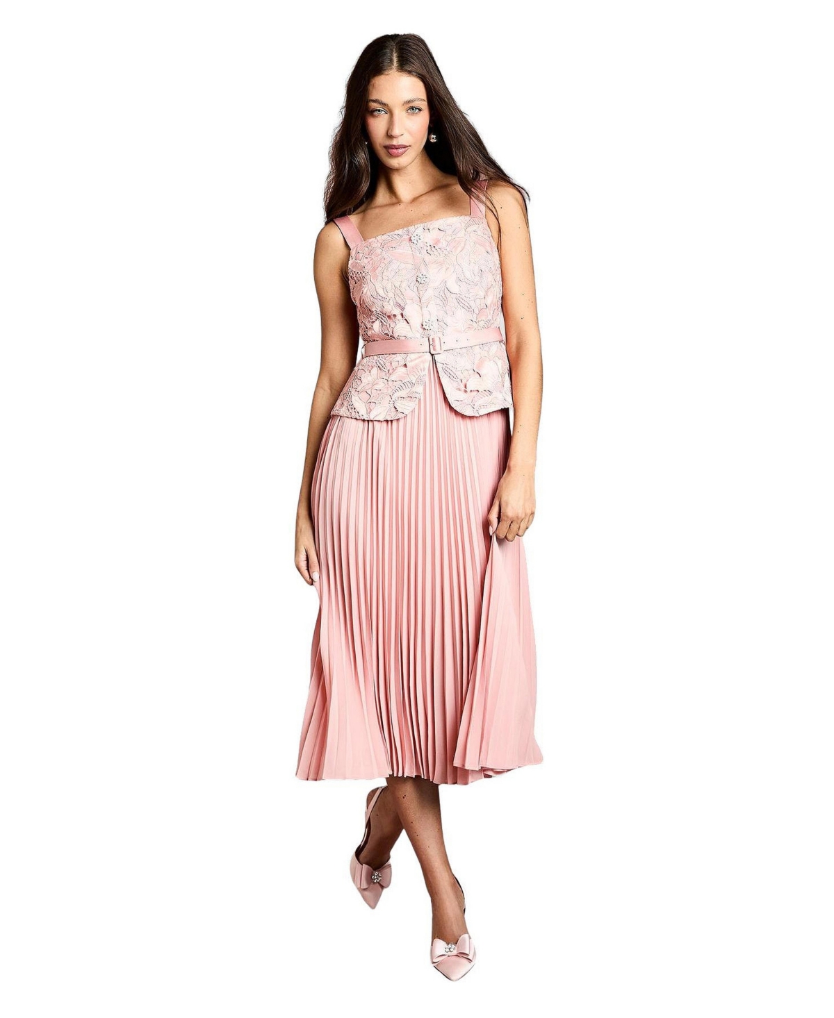 Coast Women’s Lace Peplum Belted Midi Dress – Pink