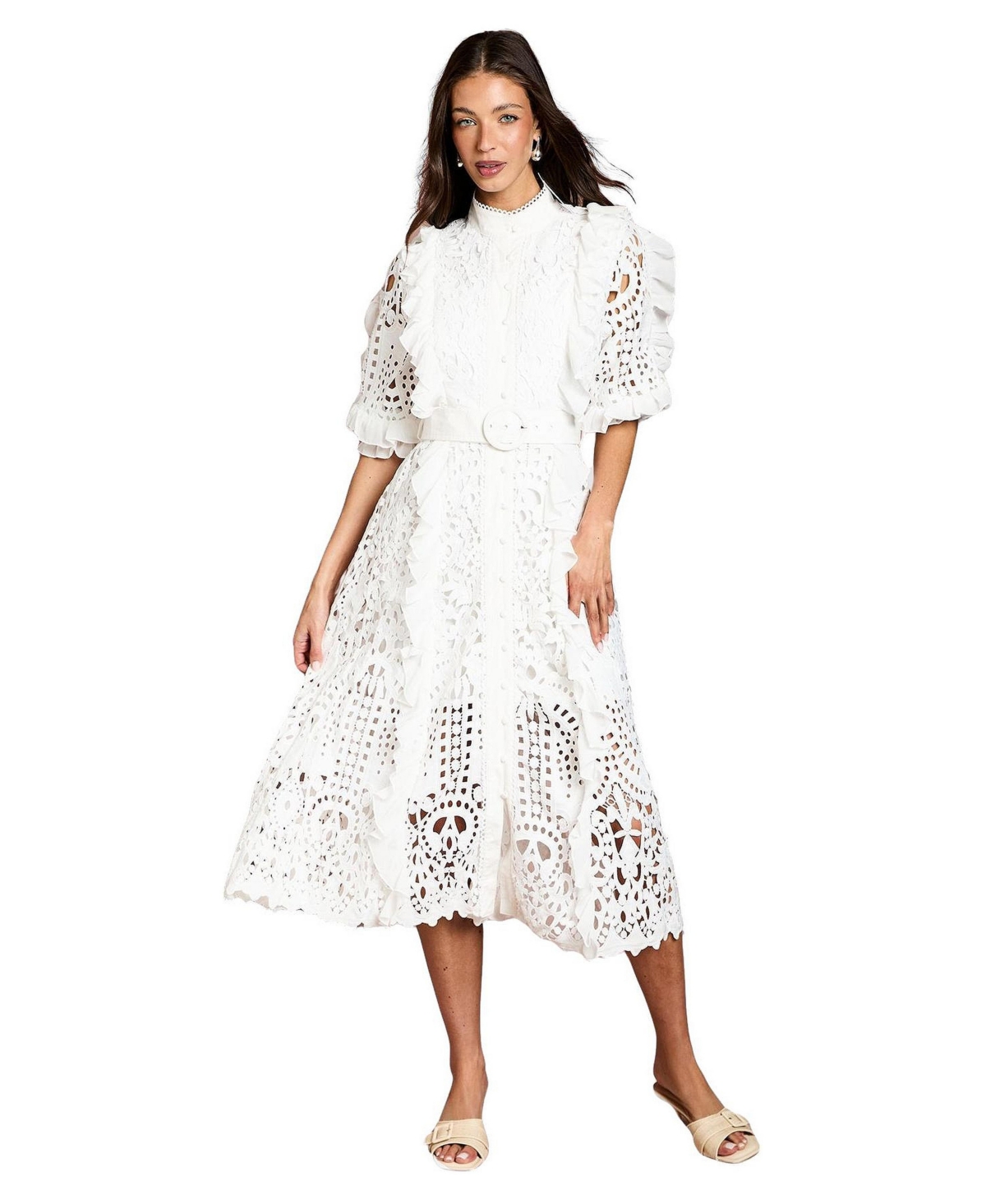 Coast Women’s Lace-Ruffle Belted Midi Dress – White