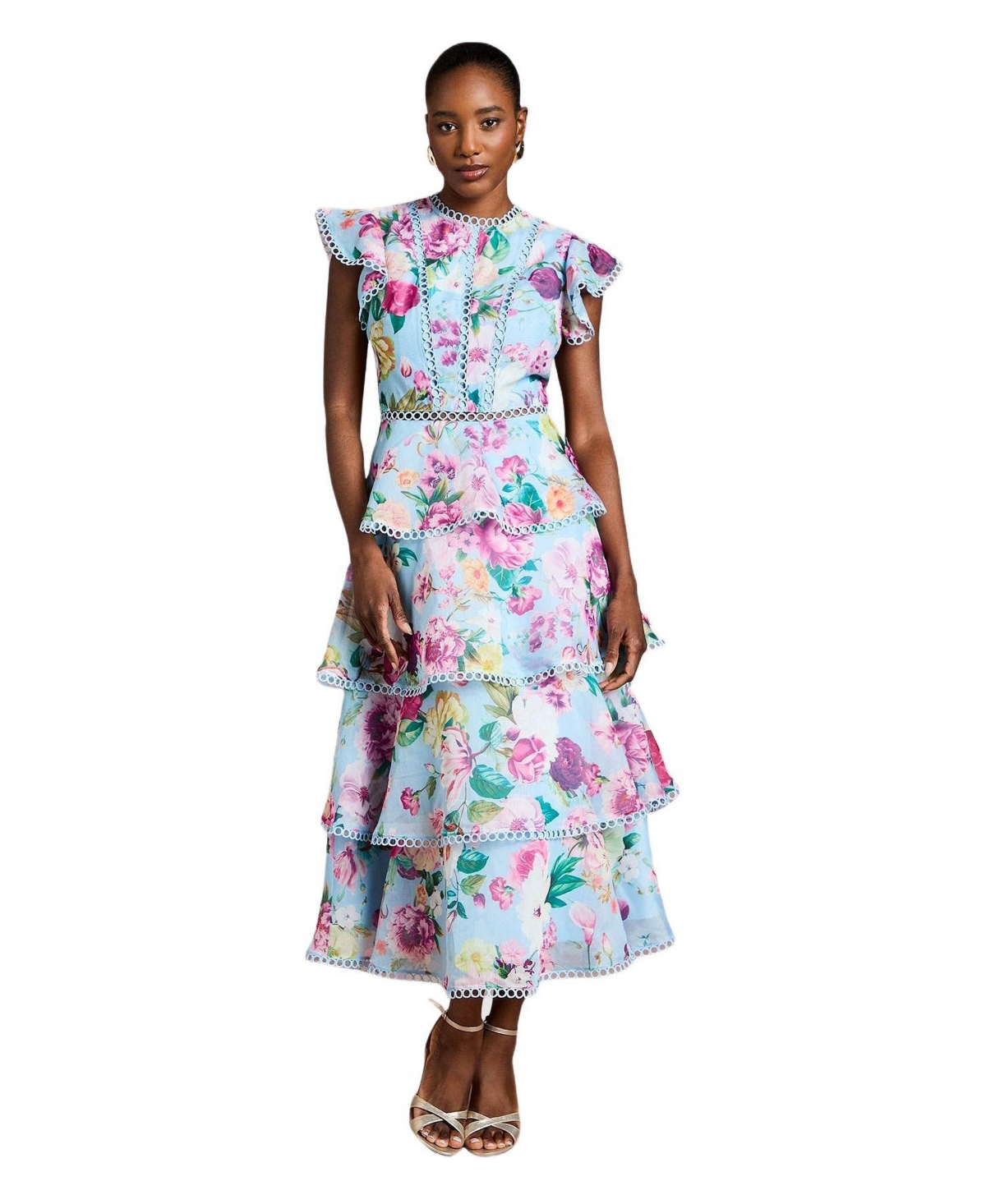 Coast Women’s Lace Trim Tiered Organza Midi Dress – Pale blue Coast Women’s Lace Trim Tiered Organza Midi Dress – Pale blue