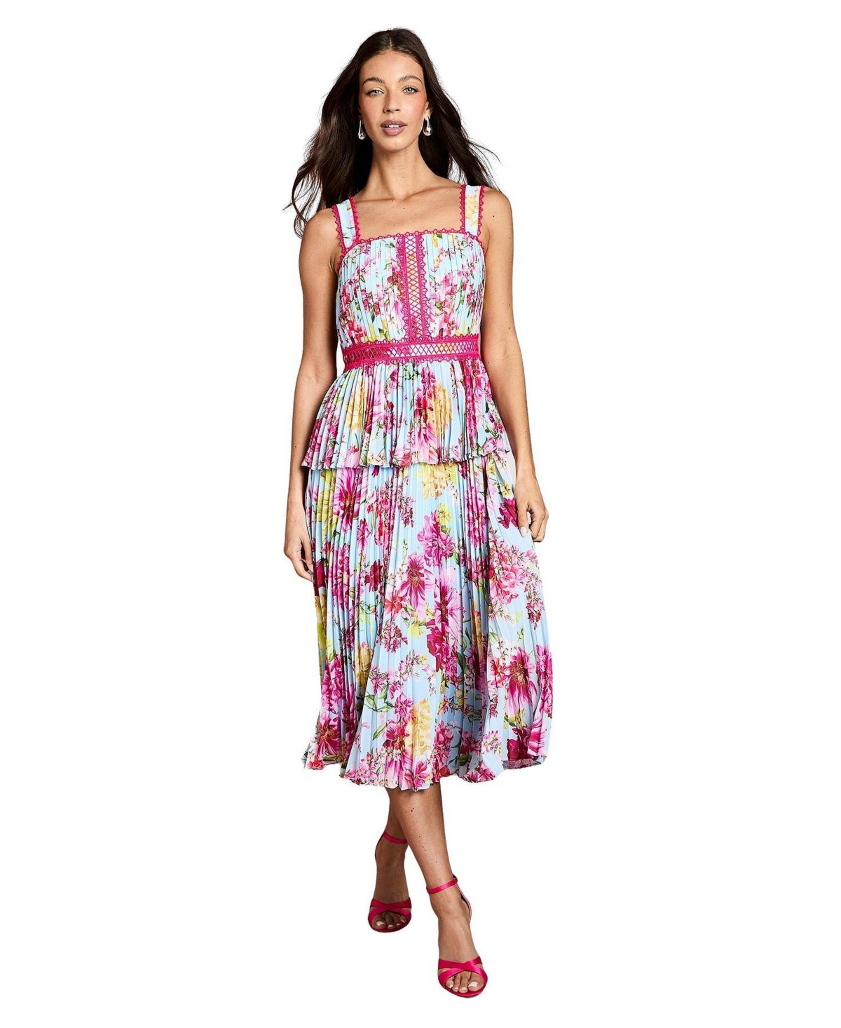 Coast Women’s Pleated Floral Square Neck Midi Dress – Blue