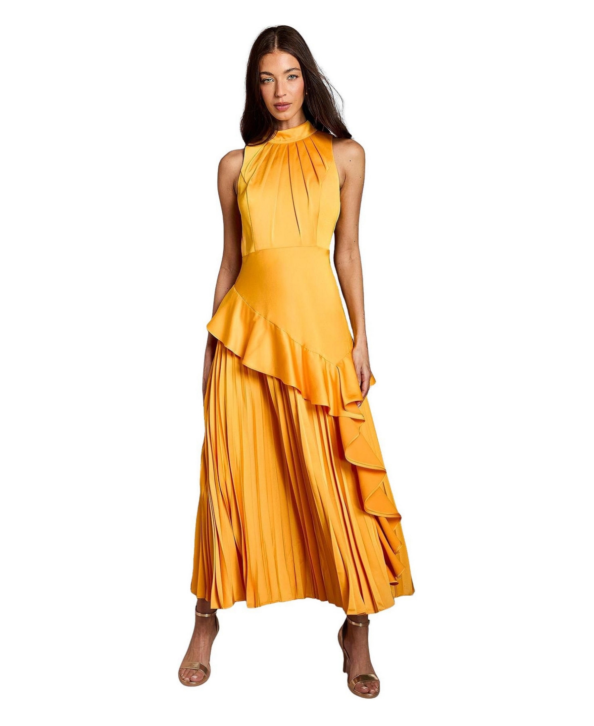 Coast Women’s Satin Crepe High-Neck Pleated Maxi Dress – Orange
