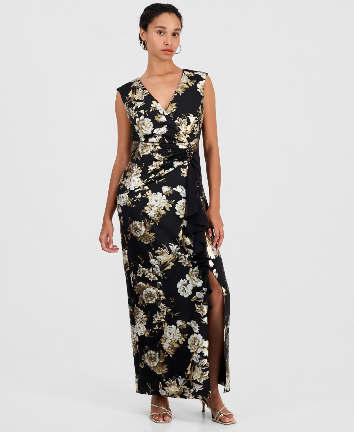Connected Women’s Floral-Print Ruffle V-Neck Dress – Black