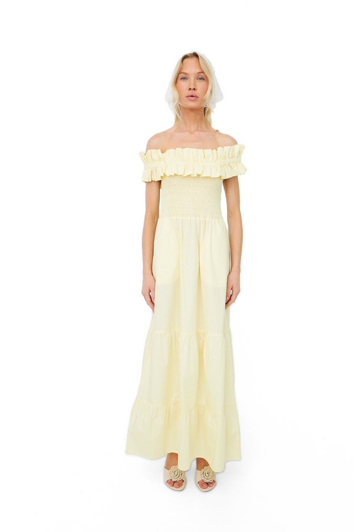 Cras Women’s Capri Bardot Tiered Smocked-Bodice Dress – French vanilla Cras Women’s Capri Bardot Tiered Smocked-Bodice Dress – French vanilla
