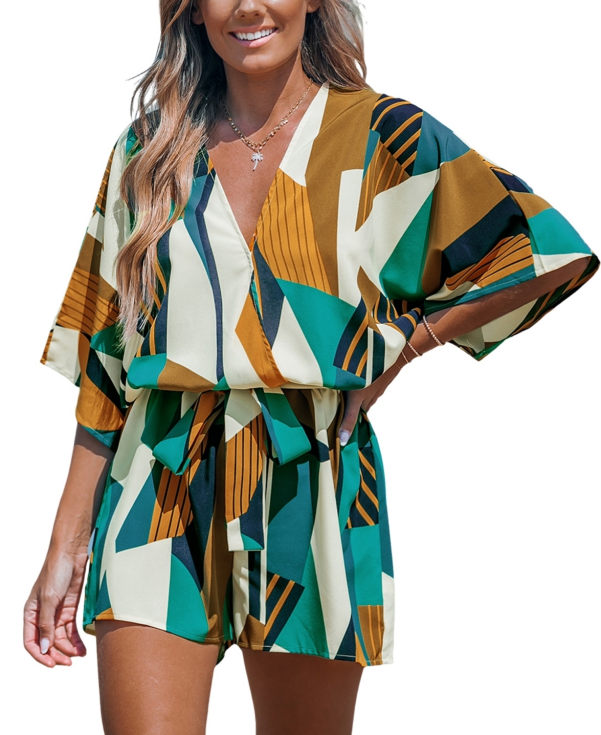 Cupshe Women’s Abstract Geo Dolman Straight Leg Romper – Dark blue Cupshe Women’s Abstract Geo Dolman Straight Leg Romper – Dark blue