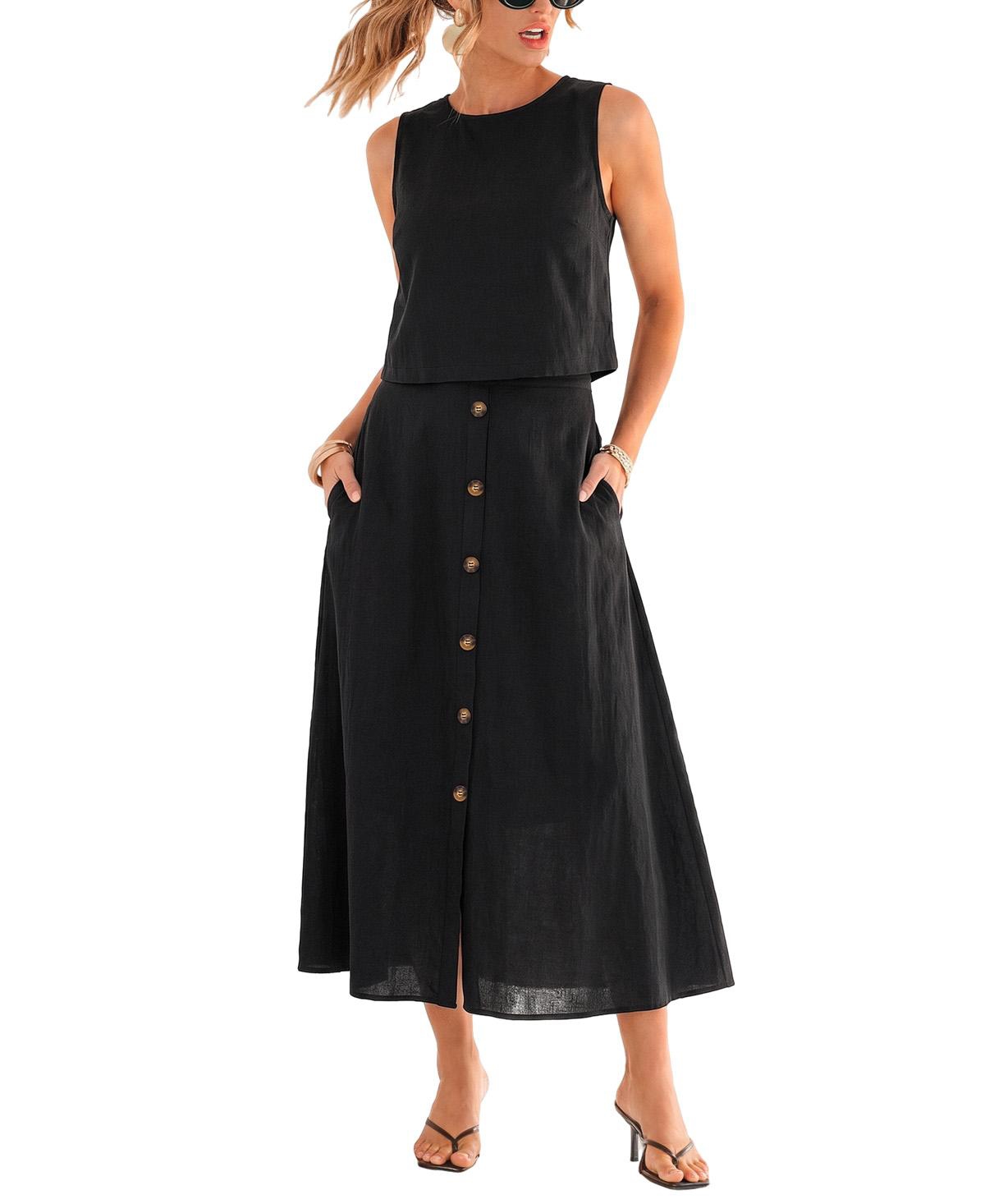 Cupshe Women’s Crew Neck Button Skirt Set – Black Cupshe Women’s Crew Neck Button Skirt Set – Black