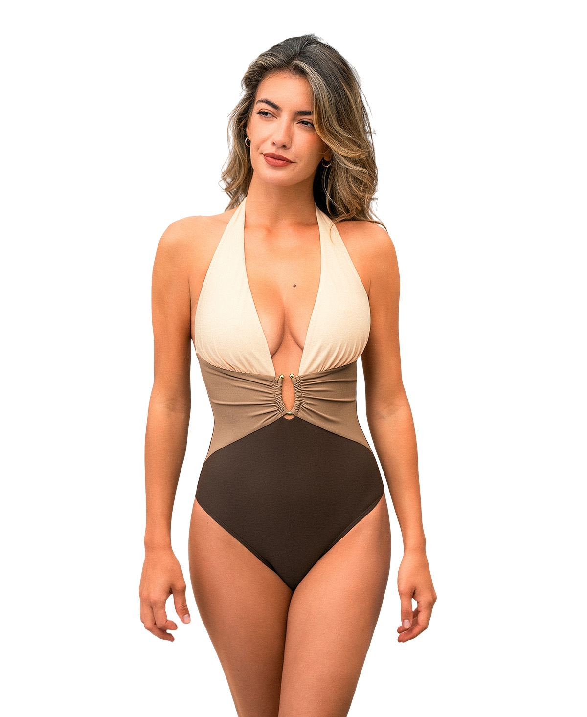 Cupshe Women’s Halter Plunging Deep V neck One-Piece Swimsuit – Brown Cupshe Women’s Halter Plunging Deep V neck One-Piece Swimsuit – Brown