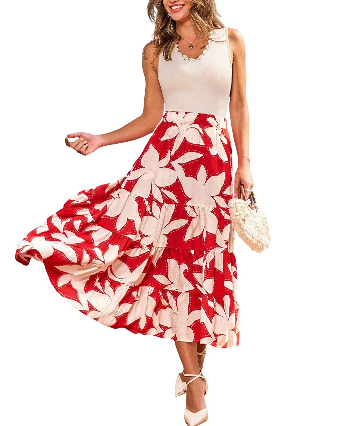 Cupshe Women’s Hibis-Kiss Me Floral Midi Skirt – Red Cupshe Women’s Hibis-Kiss Me Floral Midi Skirt – Red