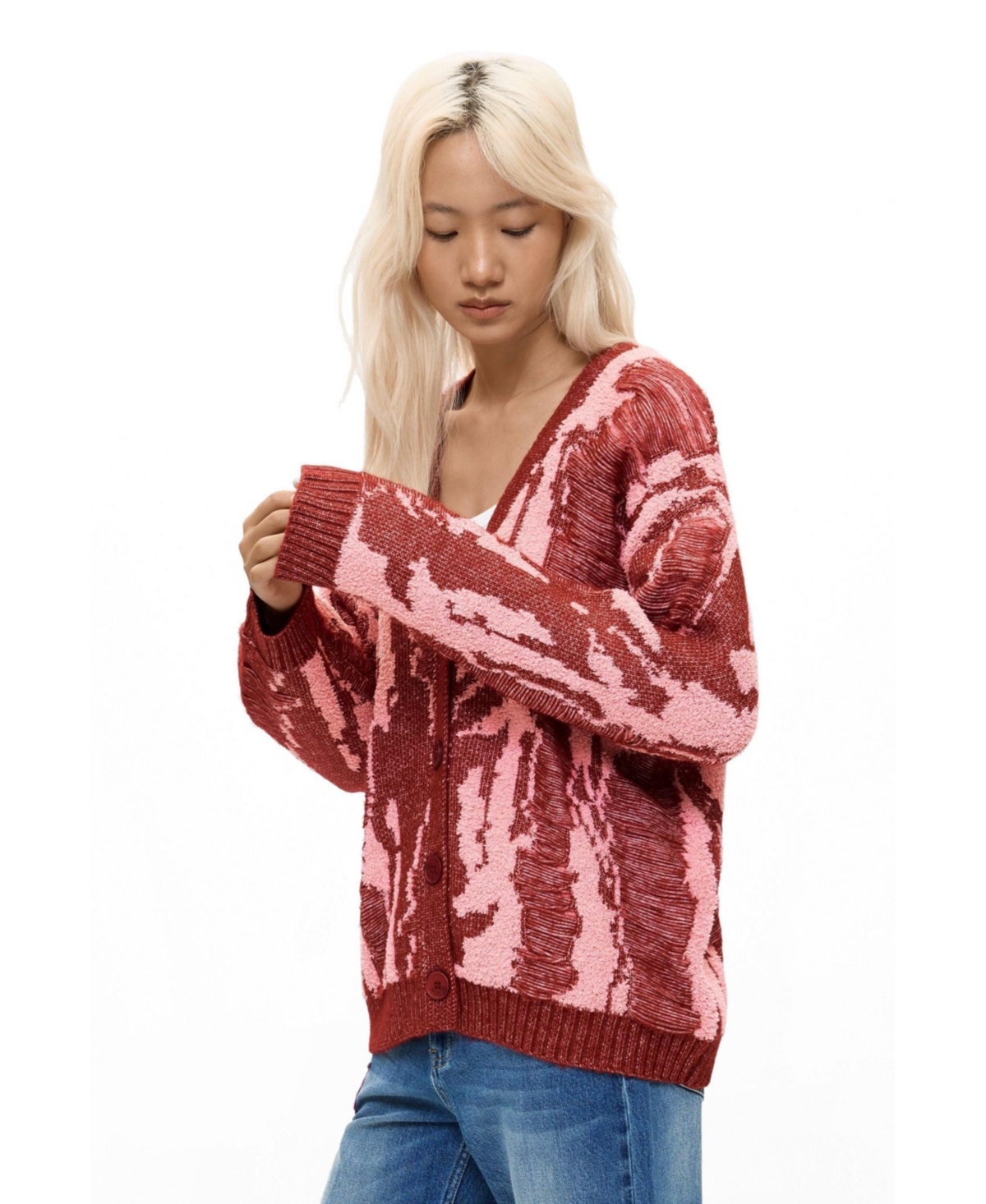 Desigual Women’s Chunky-Knit Long-Sleeve Cardigan – Pink